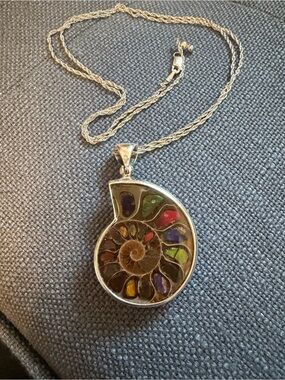 Sterling Silver Multicolor Ammonite Pendant Necklace